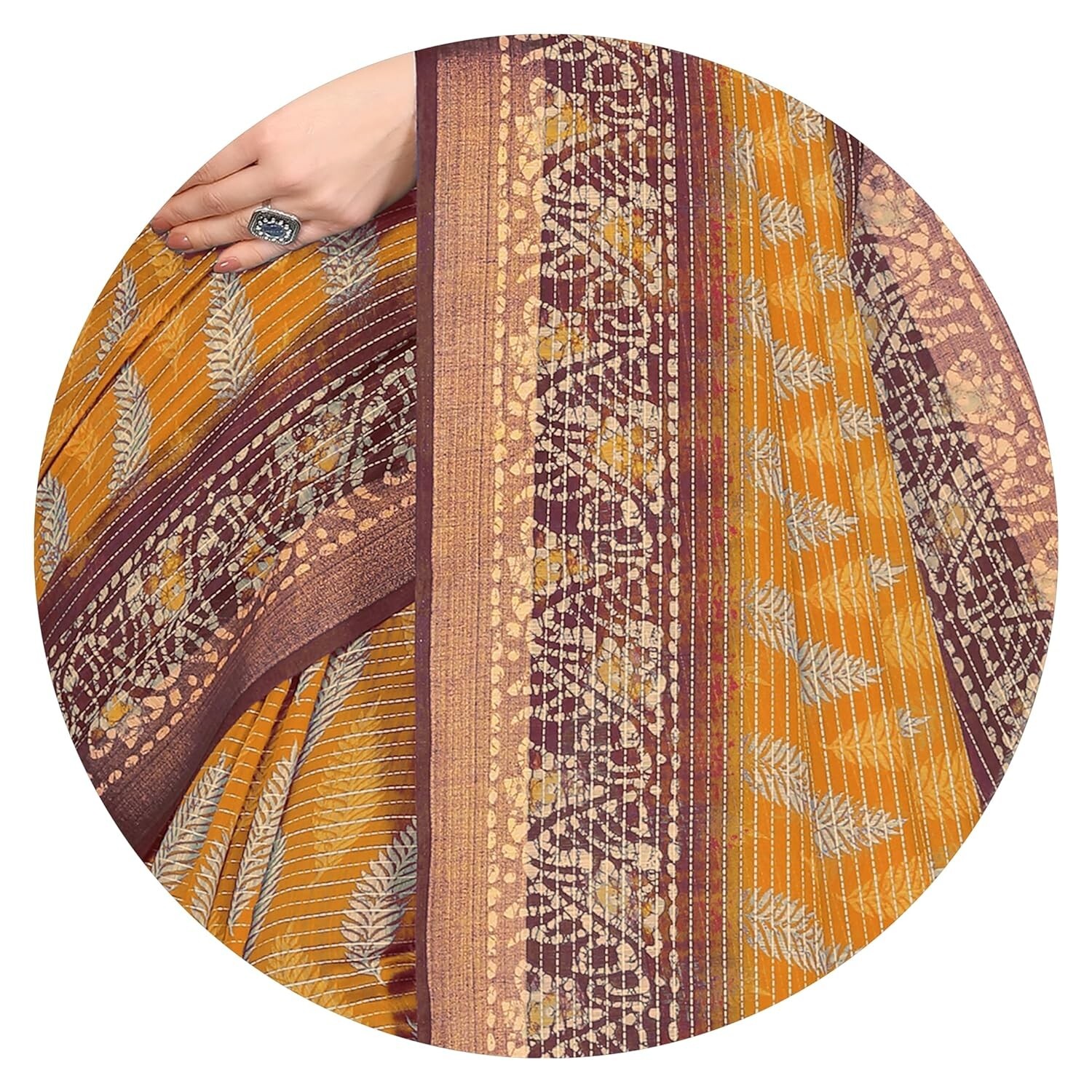 Women’s Fancy Cotton Blend Stripes and Batik Leaf Style Printed Saree