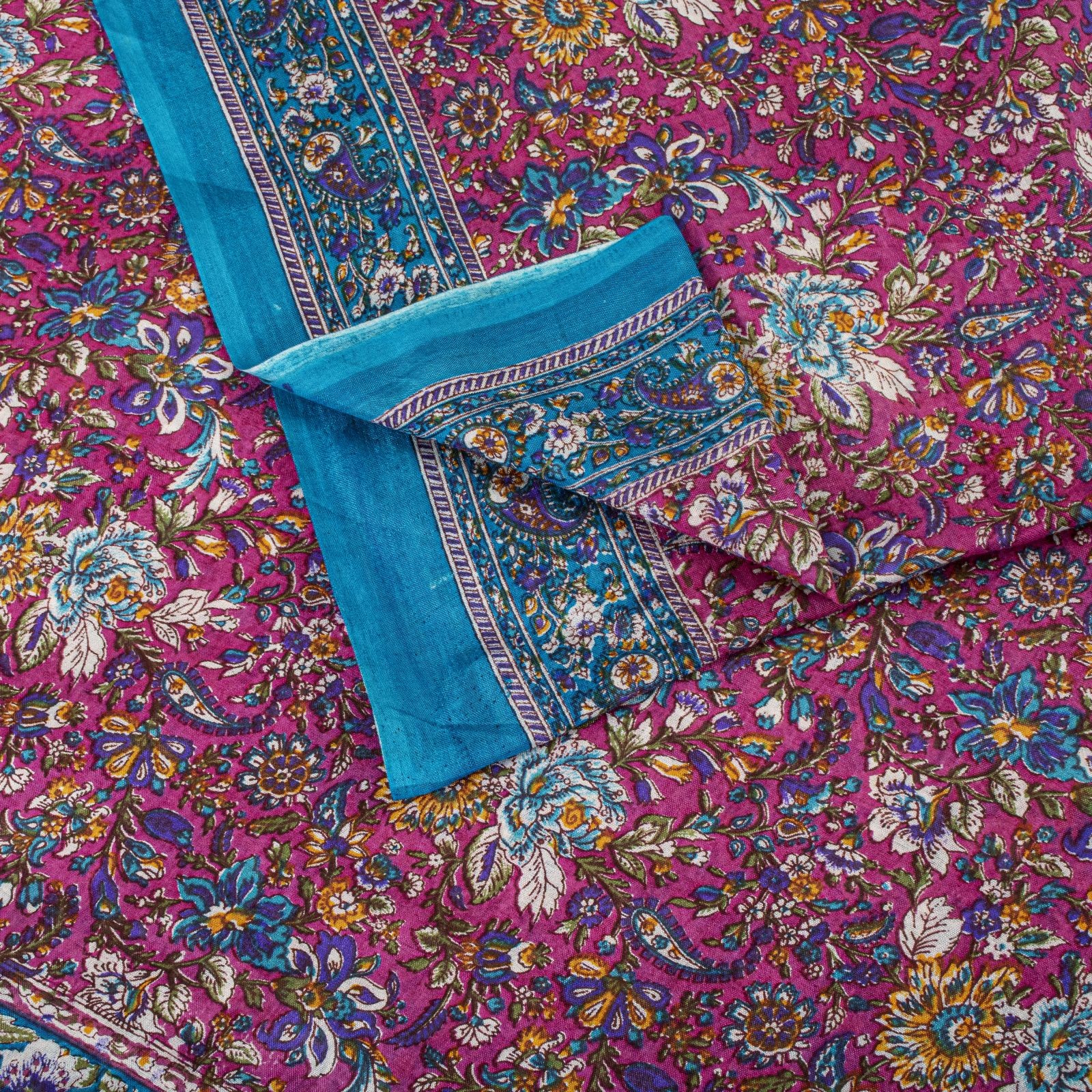 Sanskriti Vintage Saree Pink-Blue Pure Cotton Floral Printed Sari Fabric 5+Yard