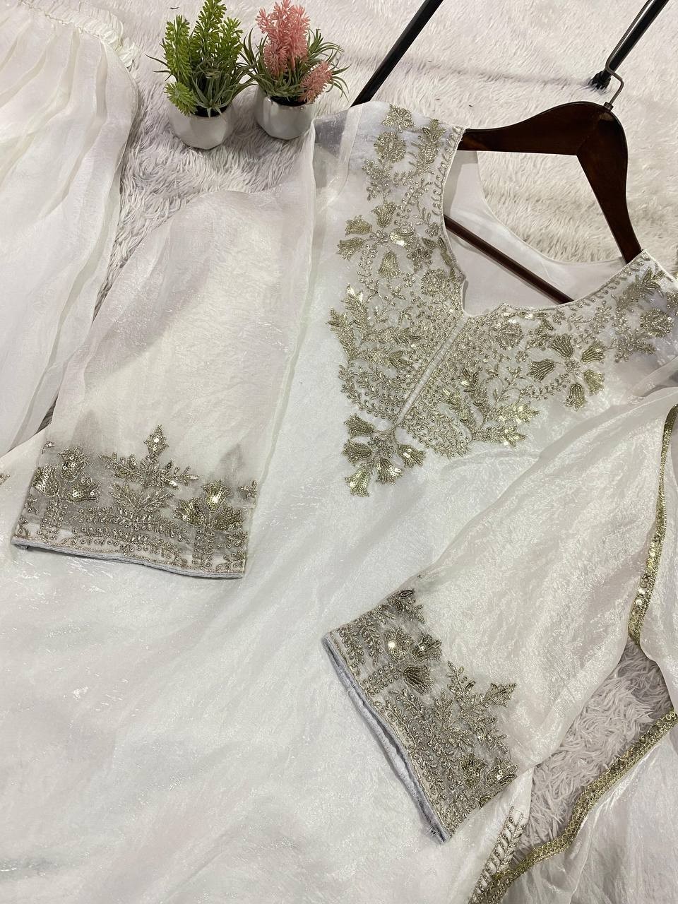 Premium Designer White Silk Kurta Palazzo With Dupatta For Women & Girls