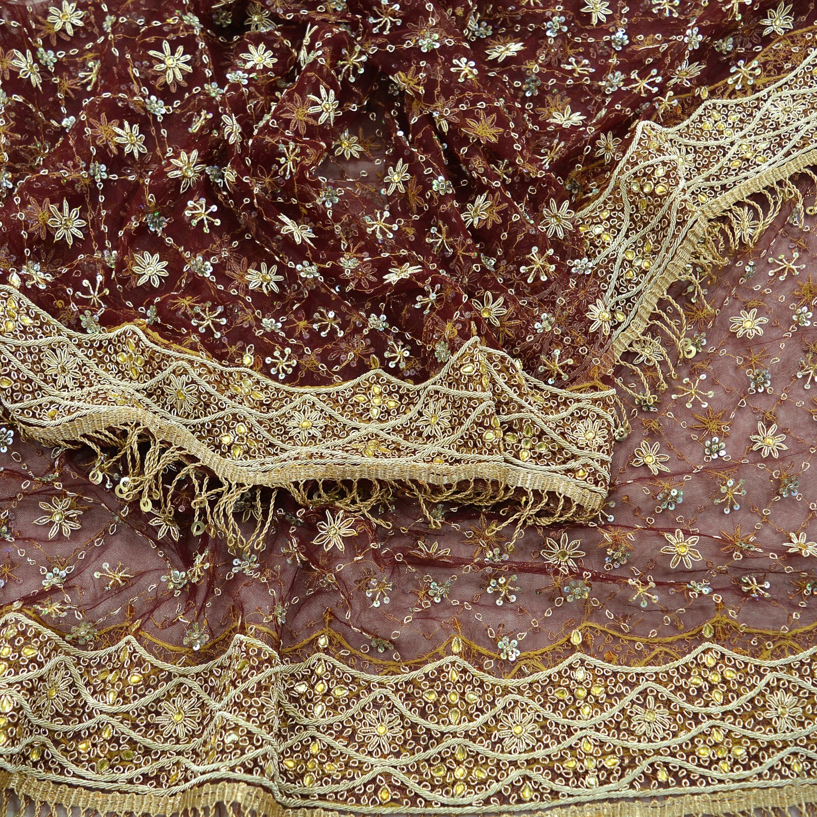 Indian Vintage Heavy Maroon Dupatta Net Mesh Long Stole Hand Embroidered Scarves