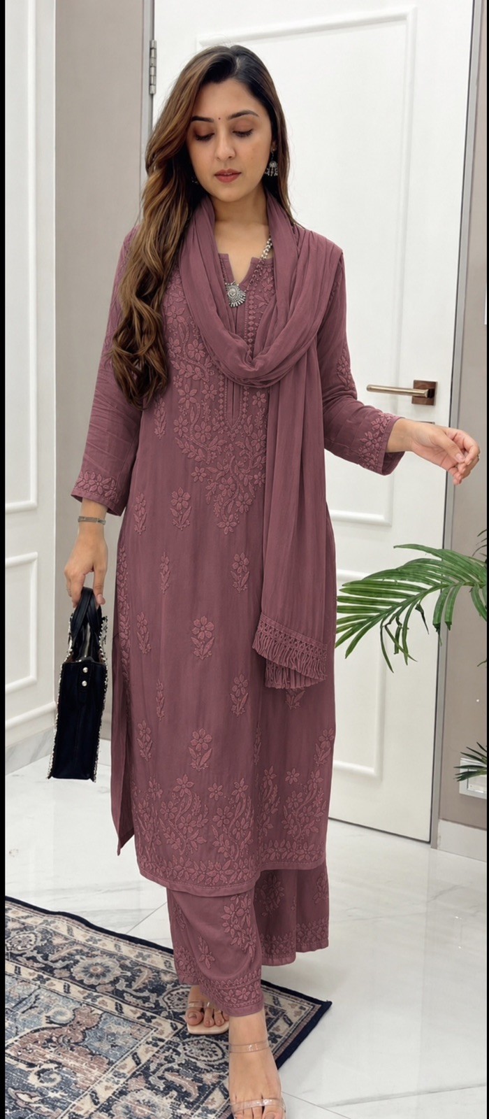 Indian Lucknowi Chikankari Kurti Pant Dupatta Set for Women Casual Party Wear