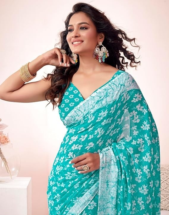 Women’s Floral Printed Georgette Saree with Unstitched Blouse Piece