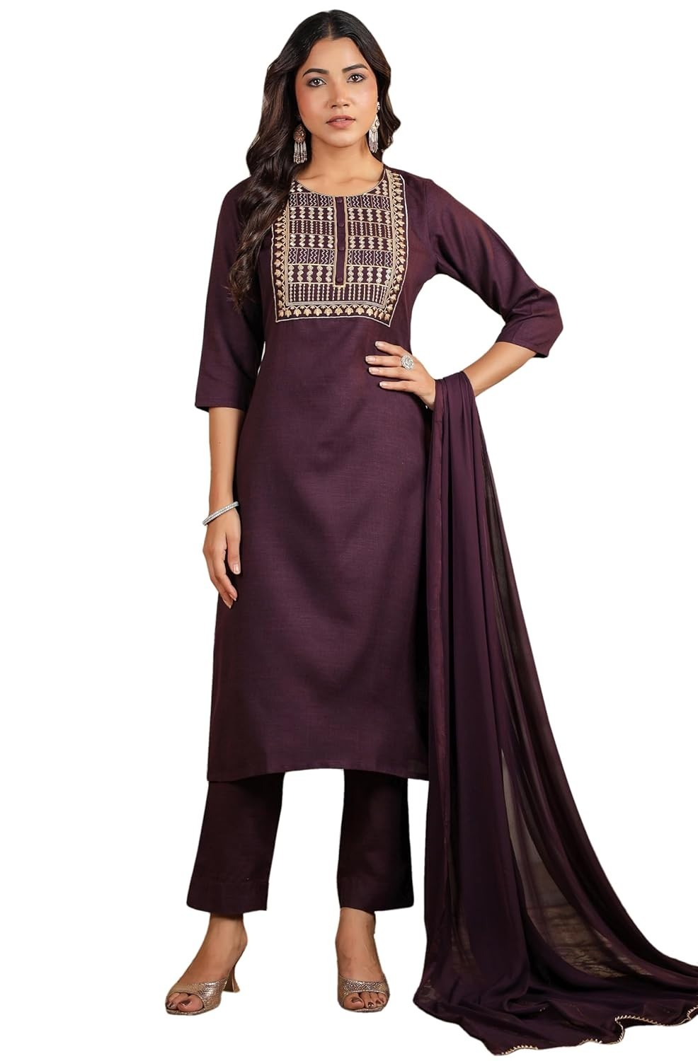 Women’s Cotton Blend Yoke Embroidered Straight Kurta Set