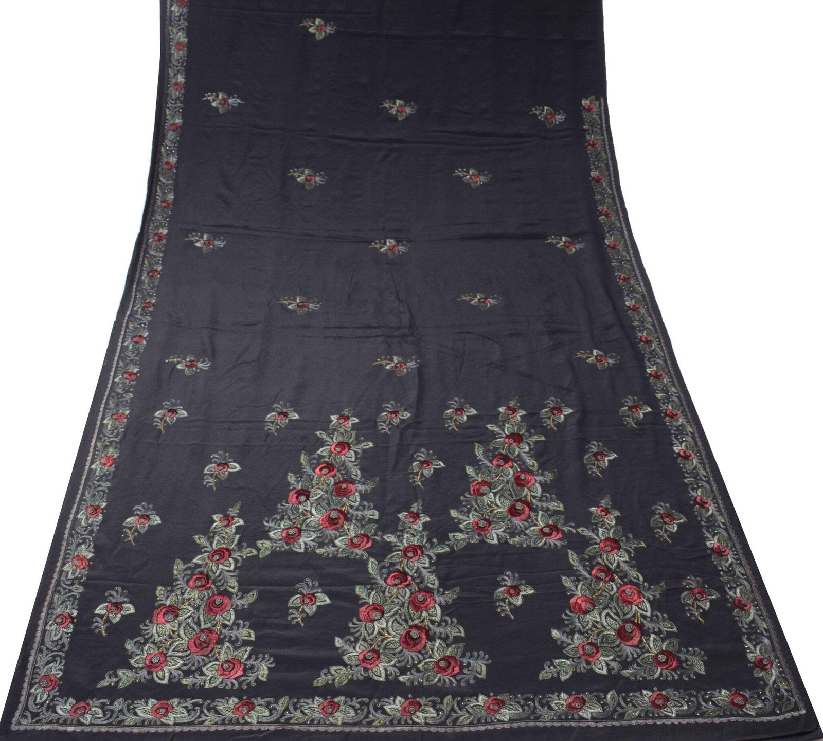 Sushila Vintage HEAVY Black Saree Pure Crepe Silk Hand Embroidered Sari Fabric