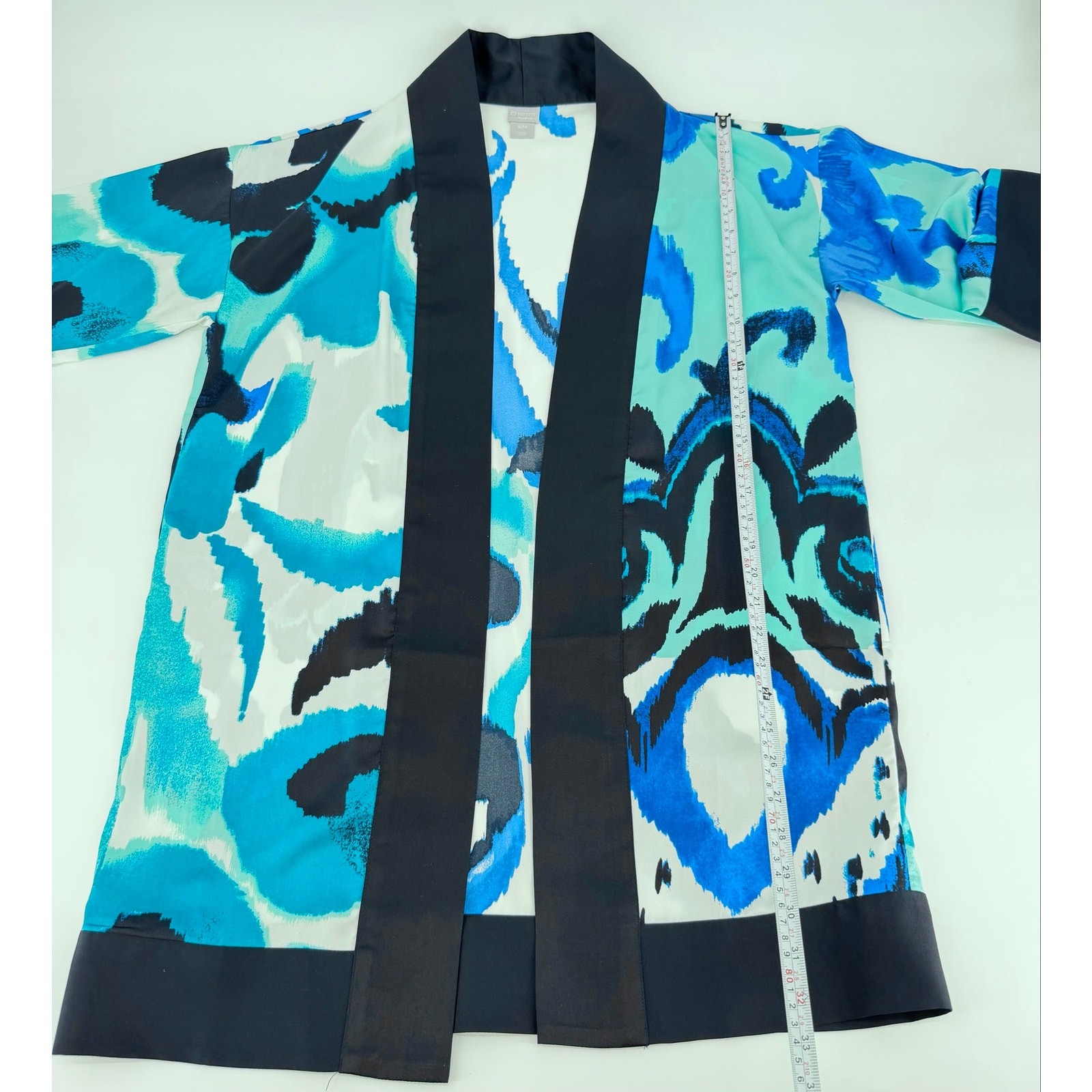 Chico’s Travelers Blue Abstract Open Front Kimono Jacket S/M Lightweight