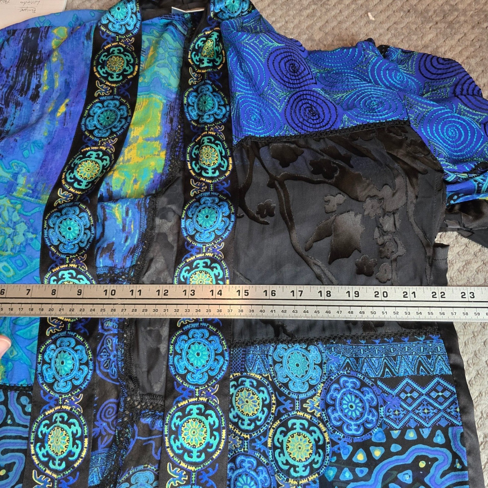Chico’s Silk Blend Patchwork Kimono Jacket Blue Purple Burnout Velvet Size S/M