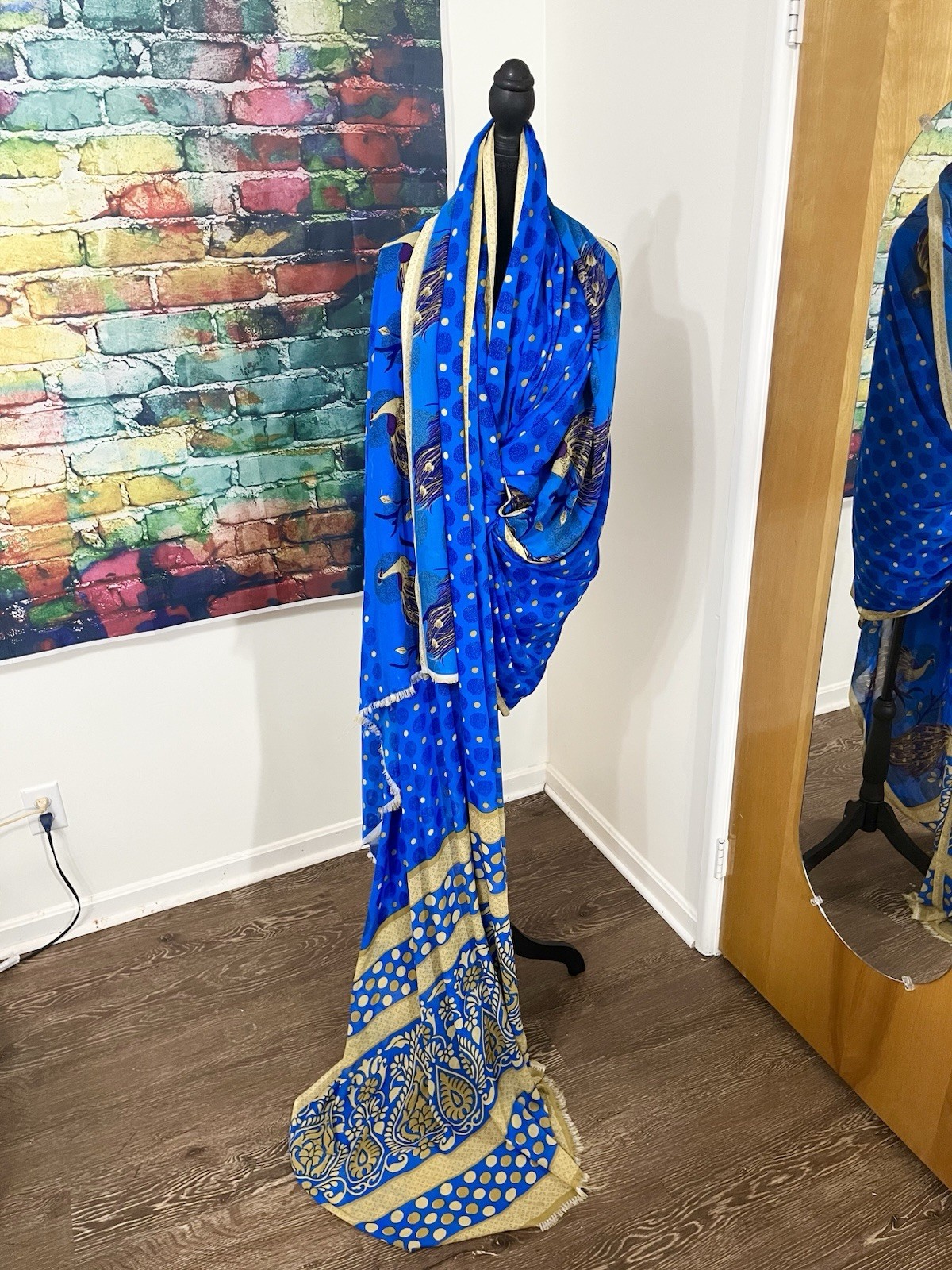 Indian / Pakistani Large Sari Saree Wrap Cloth Blue & Gold w/ Peacocks 168″