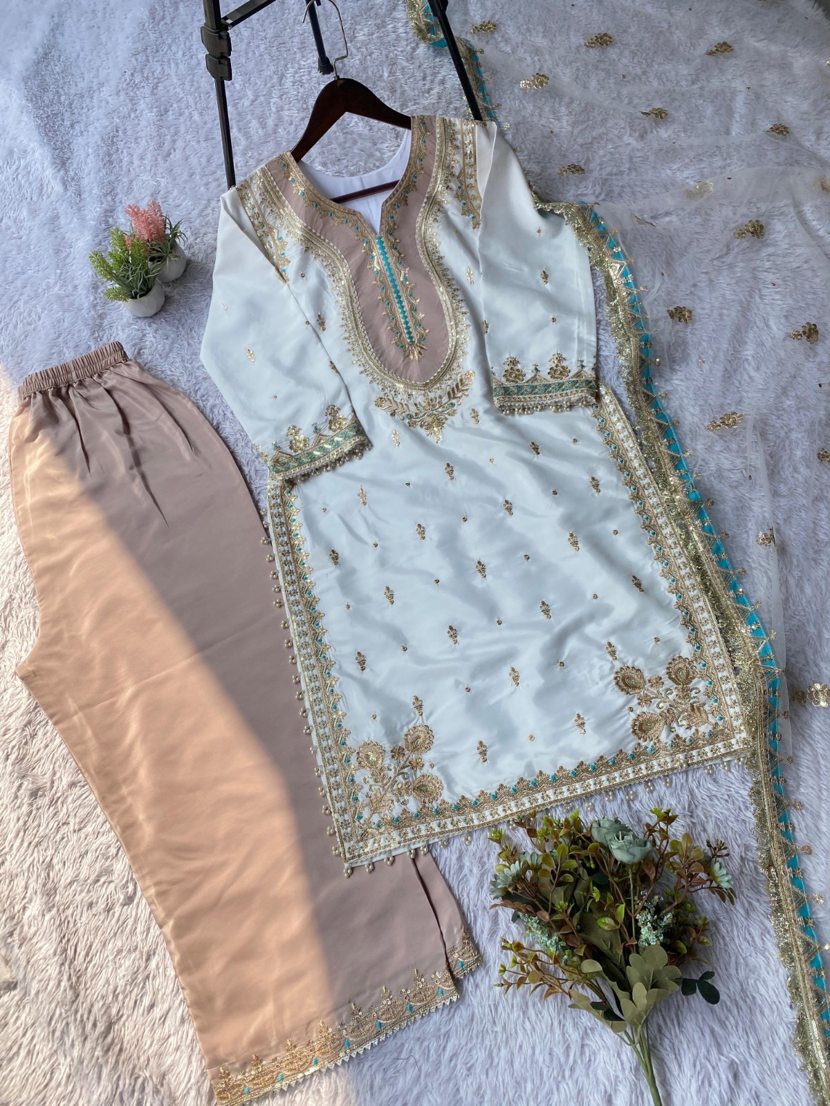 Bollywood Style Vichitra Silk Kurta Palazzo With Dupatta For Women & Girls Wear