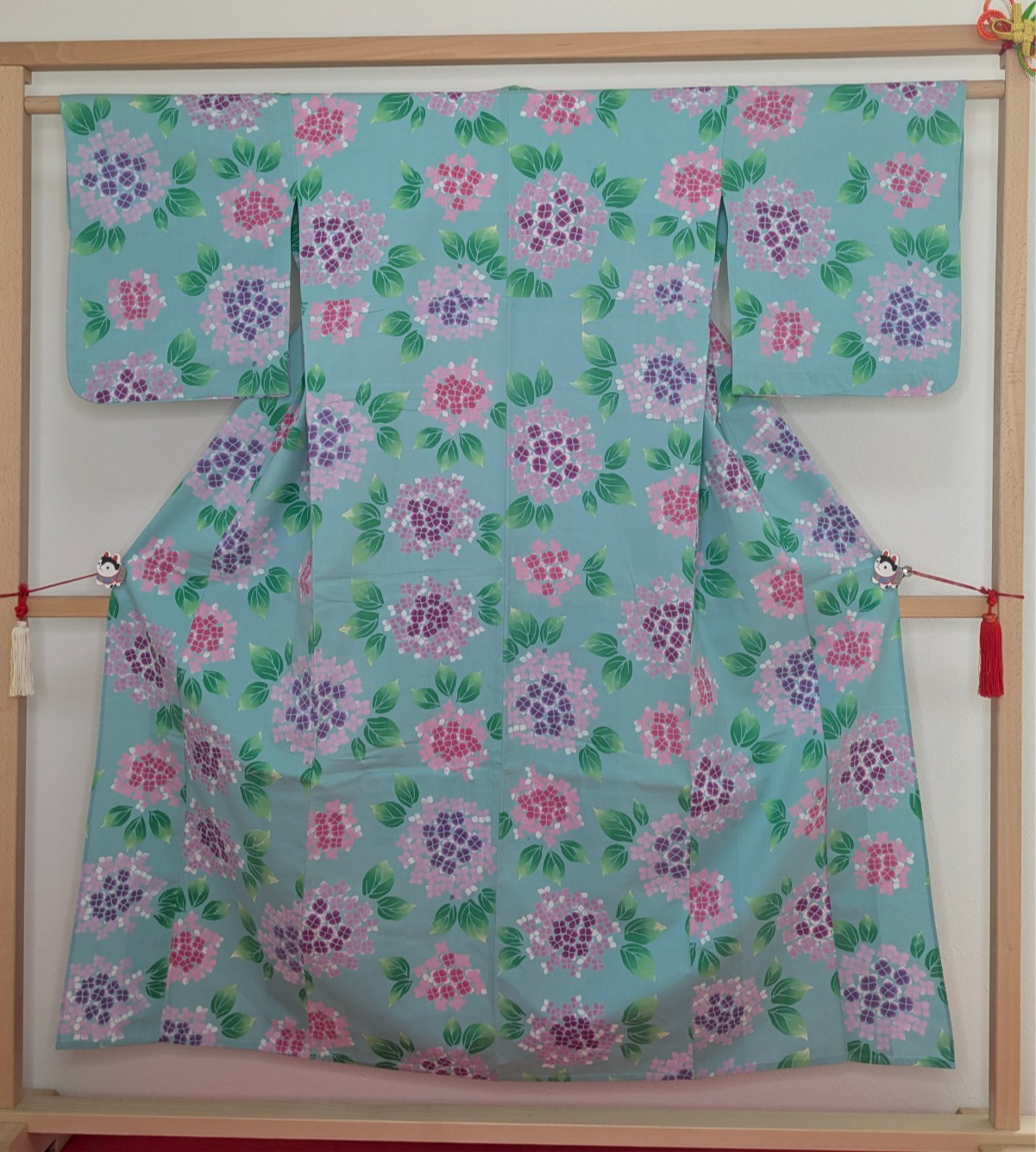 Japanese Kimono Cotton Yukata Emerald Blue Purple Hydrangea Floral Summer Wear