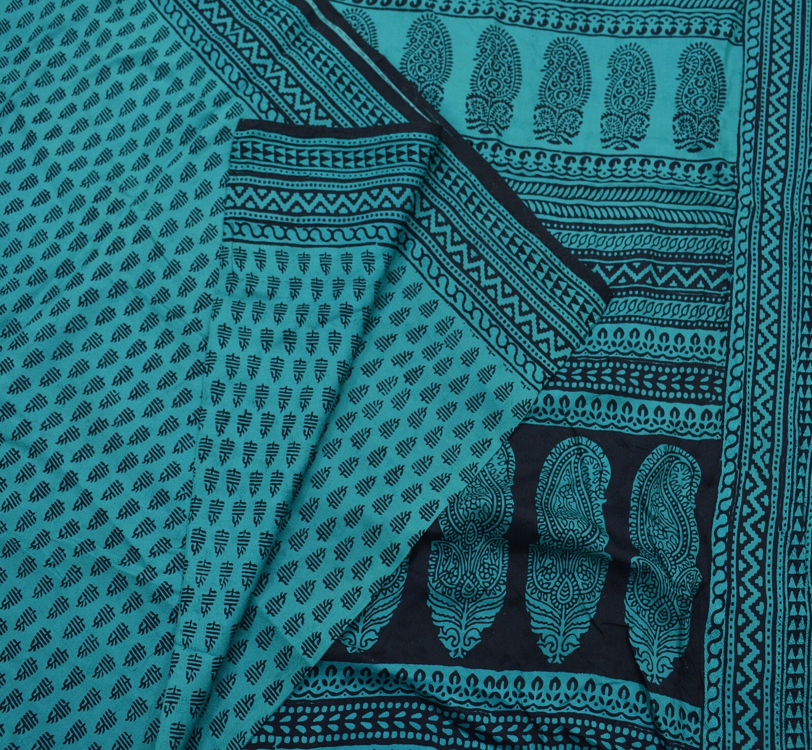 Indian Vintage Green & Black Sarees Hand Block Printed Sari Pure Silk Fabric 5yd