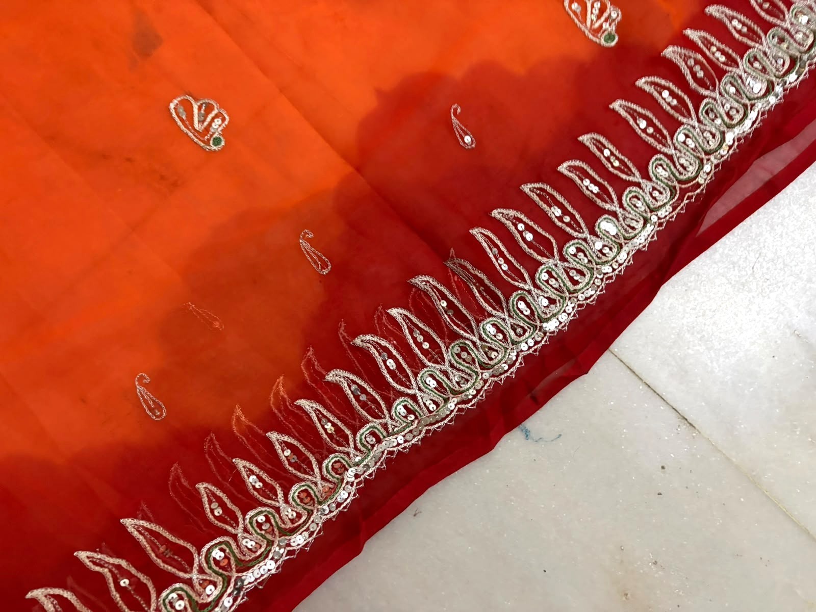 Indian Lot of 2 Saree Embroidered Sewing Green & Orange Sari Georgette Dress 5YD