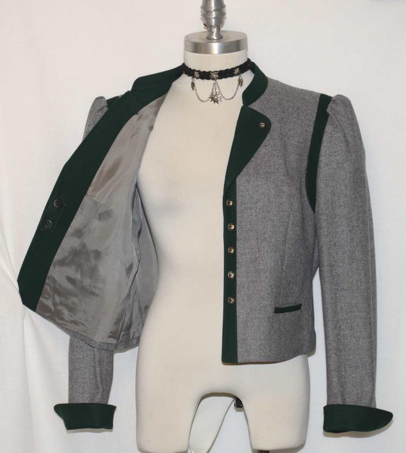 GRAY Dirndl LODEN WOOL JACKET Coat Winter Riding Women Short Austria B40″ 10 M
