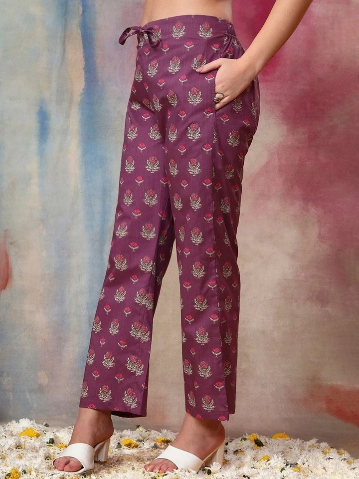Purple Indian Women Pure Cotton Angrakha Style Printed Kurta with Palazzo Set