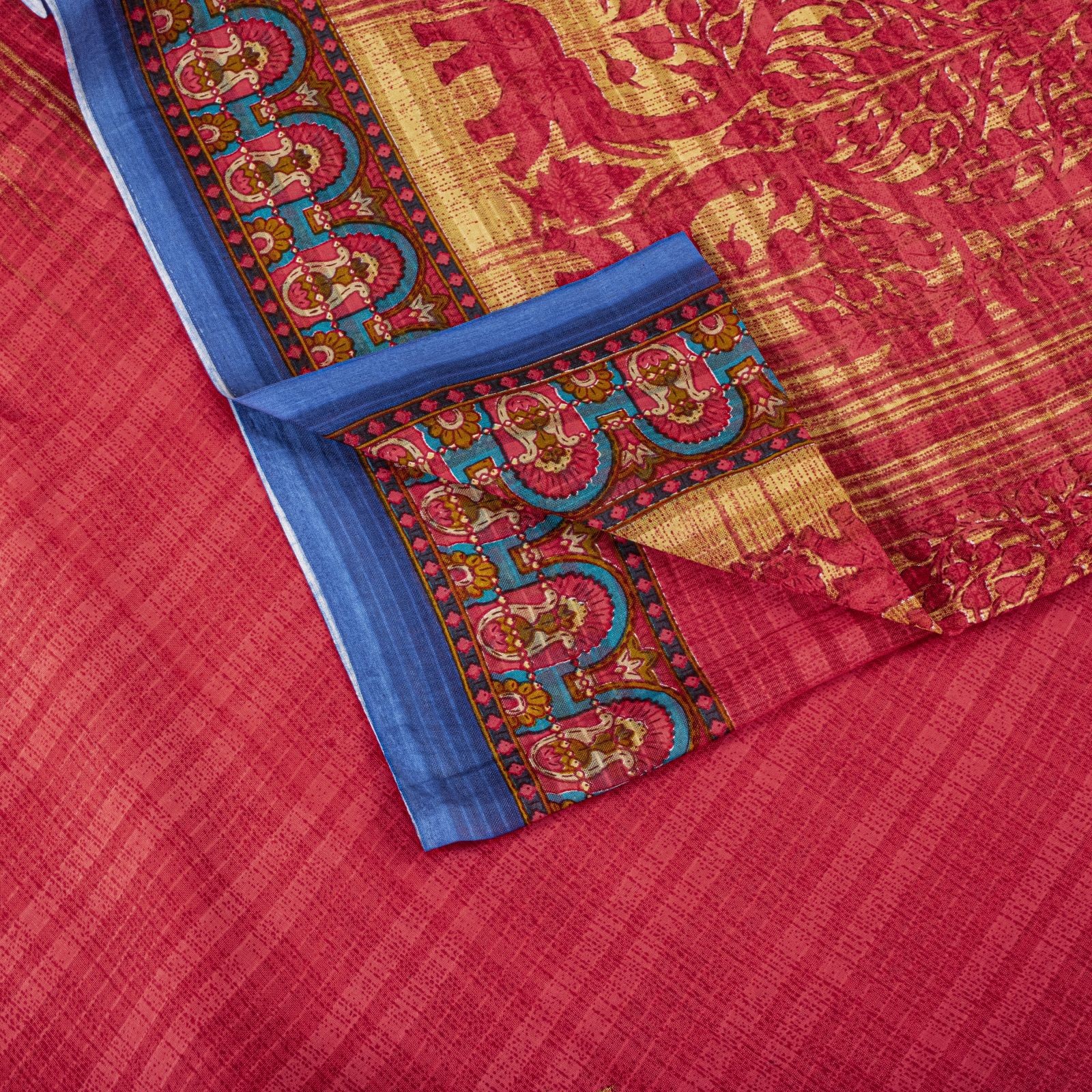 Sanskriti Vintage Saree Red Pure Cotton Elephant Print Sari Craft Fabric 5+Yard