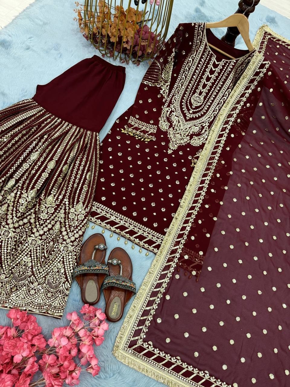 Indian Designer Wine Faux Georgette Kurta Palazzo With Dupatta For Women & Girls