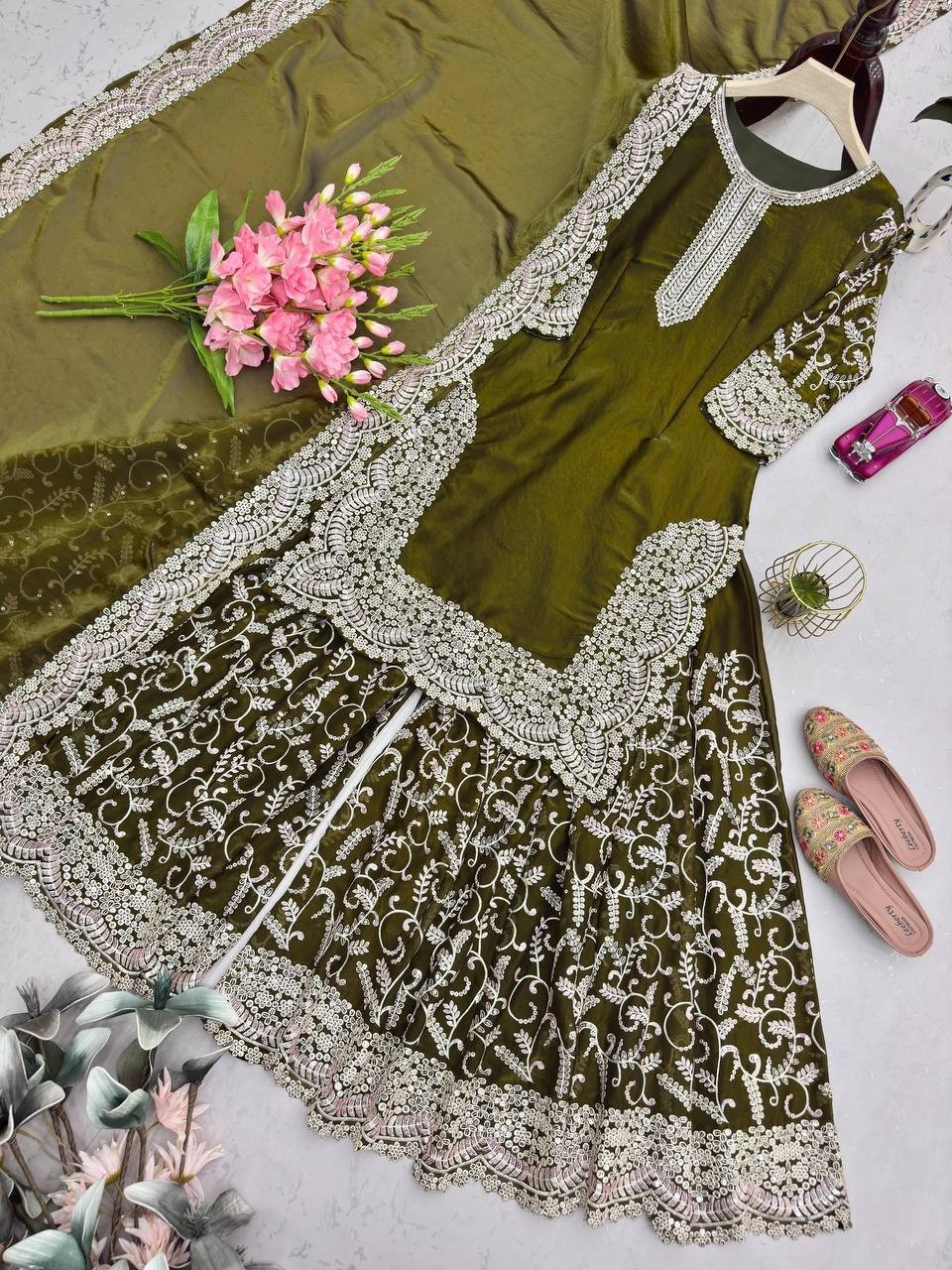 Eid Reception Party Wear Mehendi Green Fandy Silk Sharara Plazzo Suit