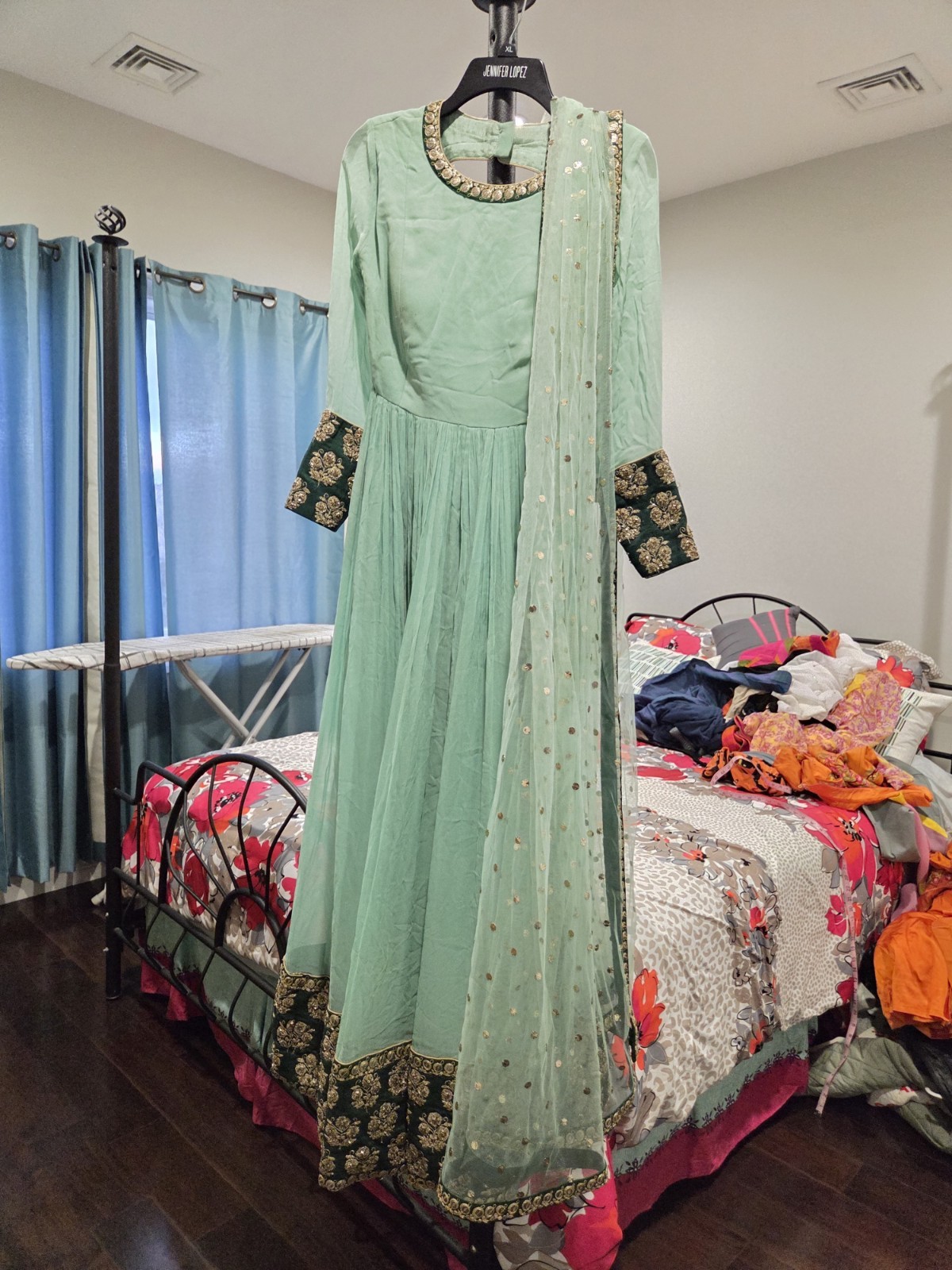 Designer A Line Long Gown Indian/pakistani Zari Embroided XSMALL Teal 2pcs