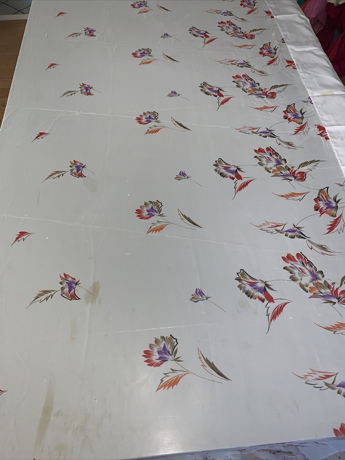 Vintage Floral Sari Fabric White W/ Multi Color Flowers 6 Yds. Royal Ruby Japan