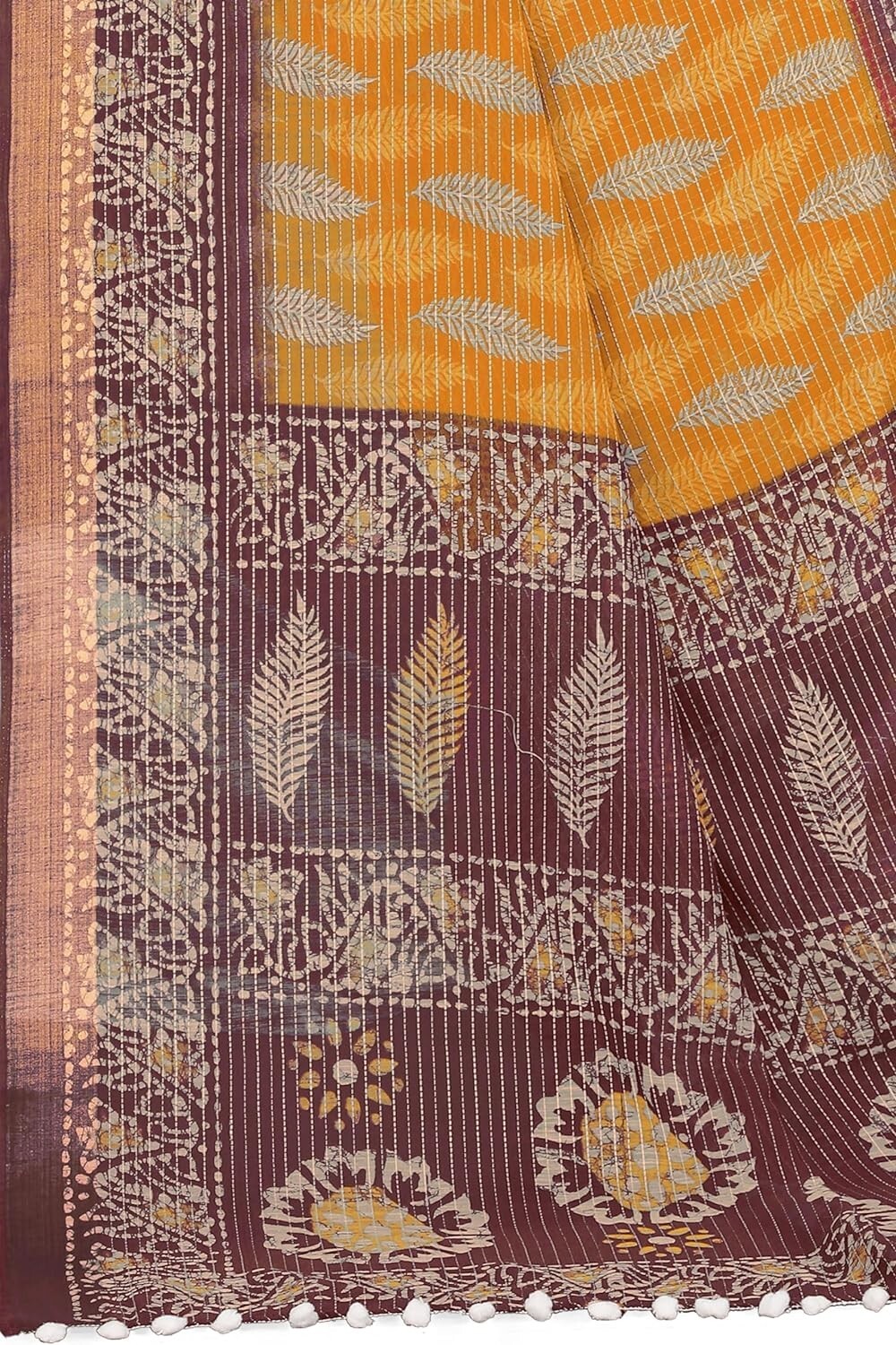 Women’s Fancy Cotton Blend Stripes and Batik Leaf Style Printed Saree