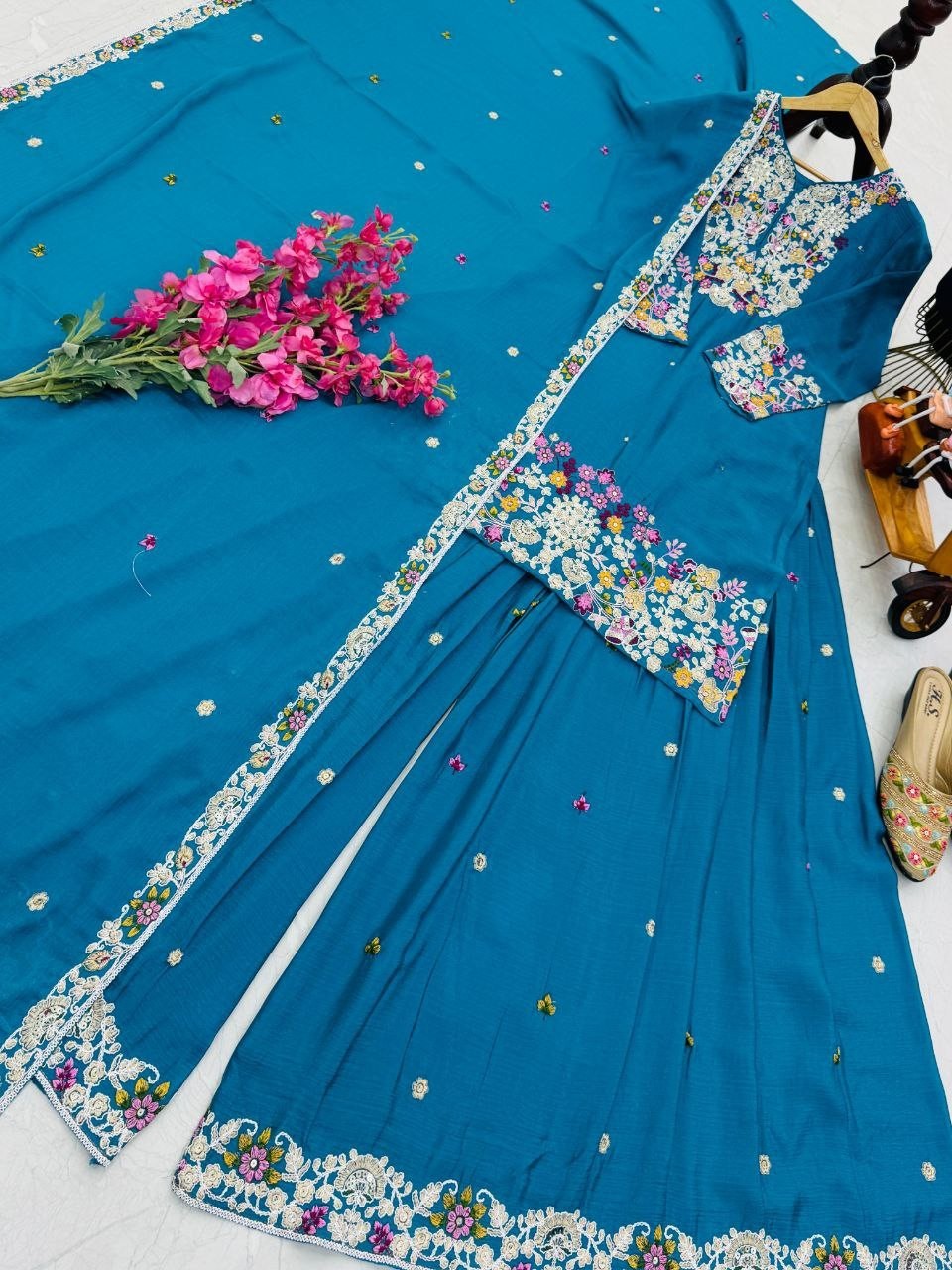 Stunning Look Blue Chinon Silk Palazzo Suit And Dupatta For Ethnic Wear