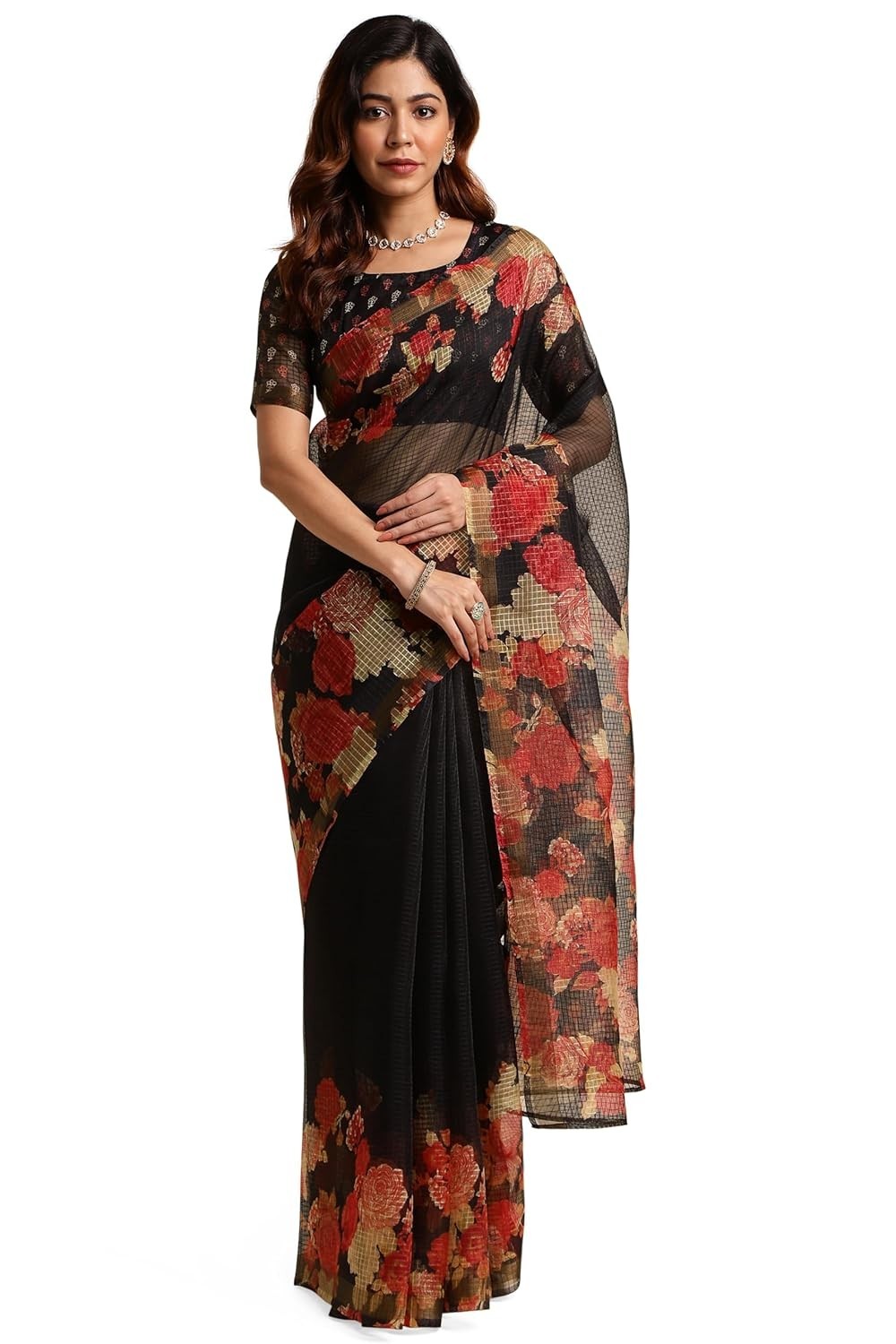 Women’s Kota Doria Floral Printed Saree with Blouse Piece