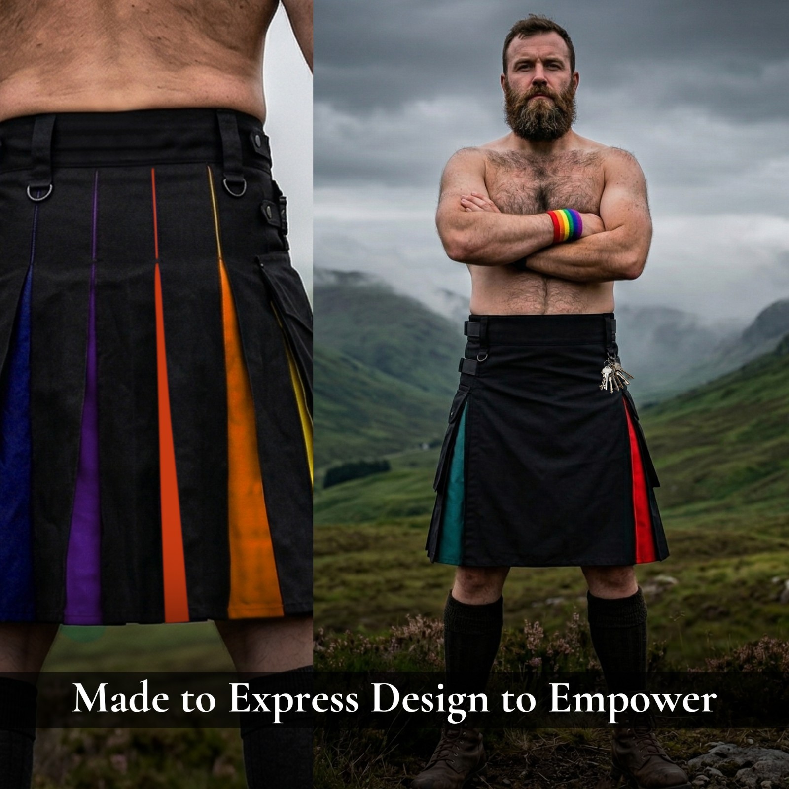 Hybrid Utility Kilts for Men Scottish Traditional Kilt with Flashes (Rainbow)