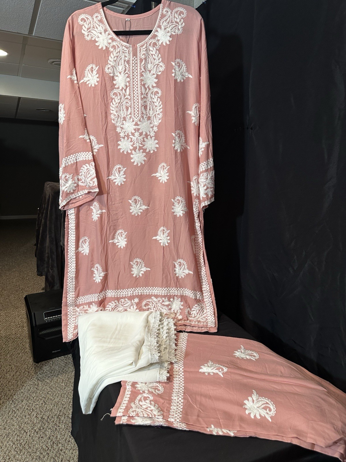 Beautiful soft linen Front & back emb-3 pc suit-emb plazo, laced dupatta-$40