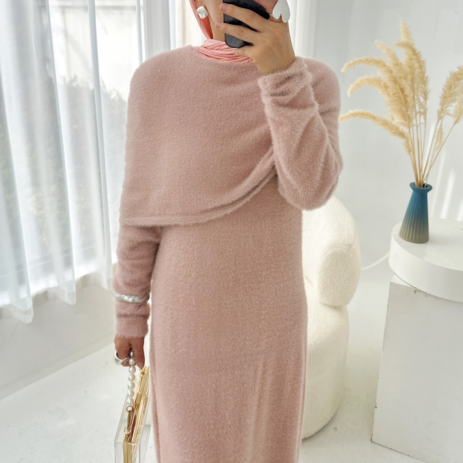 Regular Fit Soft Women Abaya With Belt Fashion Solid Color Sweater Wrap Kaftan