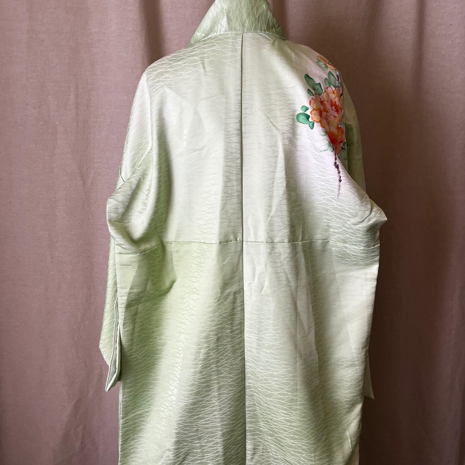 Hand Painted Silk Kimono Mint Green Peony Uchikake Long 63″ OS
