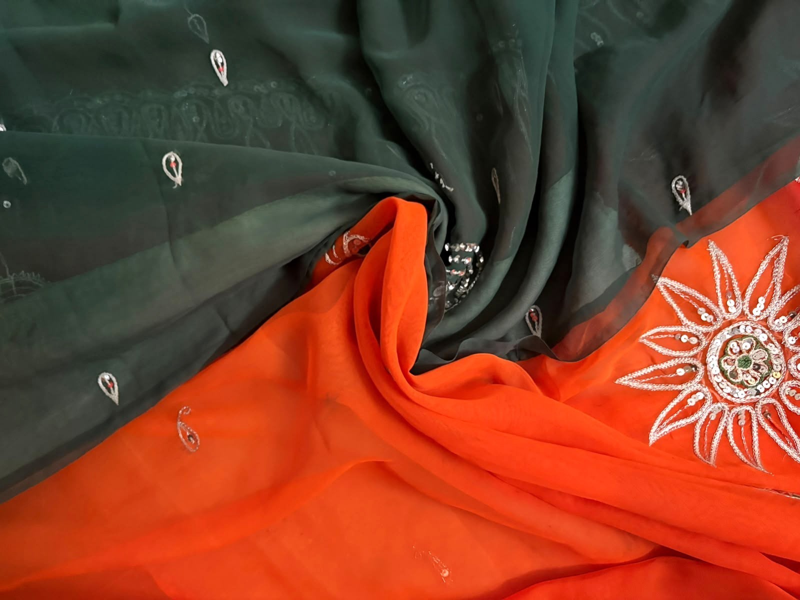 Indian Lot of 2 Saree Embroidered Sewing Green & Orange Sari Georgette Dress 5YD