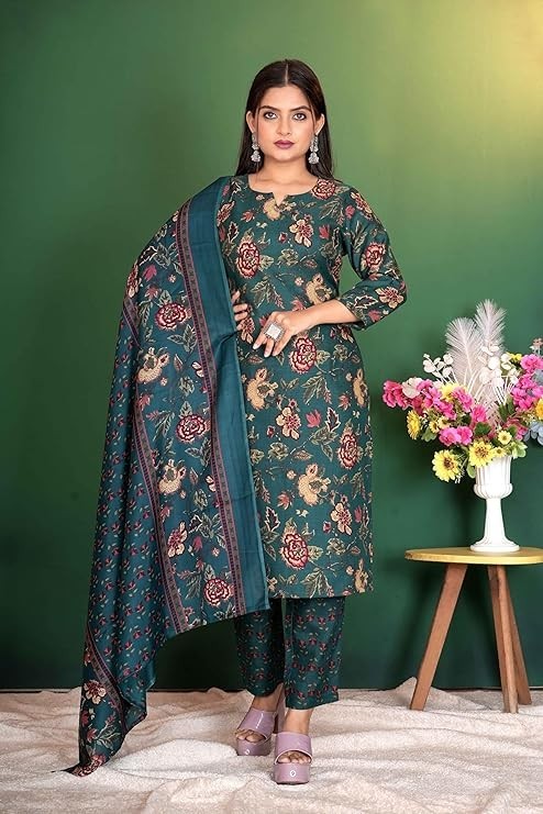 Women Teal Floral Print Wear Kurta With Pant & Dupatta ,Plus Size Salwar Kameez