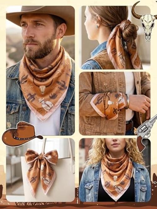 Satin Silk Scarves Western for Men Women 27″X27″ Cowgirl One Size Brown