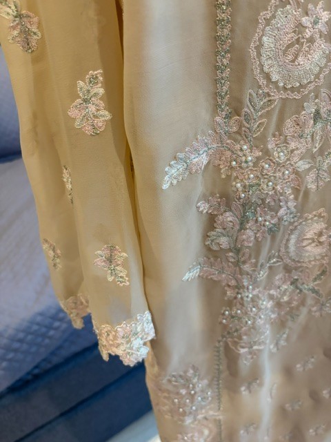 PAKISTANI 3 PC PANT SUIT BEIGE WITH EMBRIDERY AND PEARLS