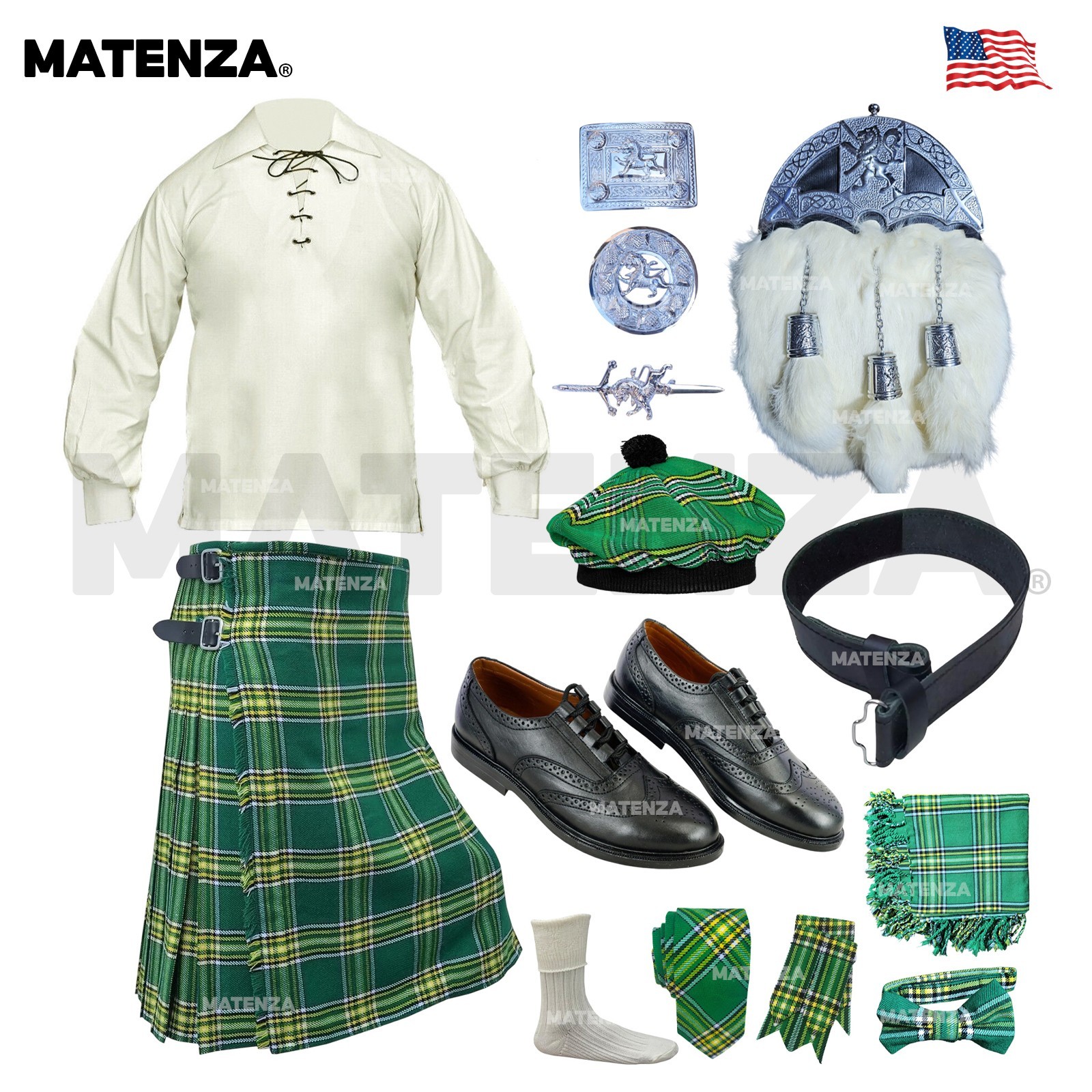 Irish Green Tartan 14pc Scottish Kilt Outfit Set 5 Yard Highland Wear Men