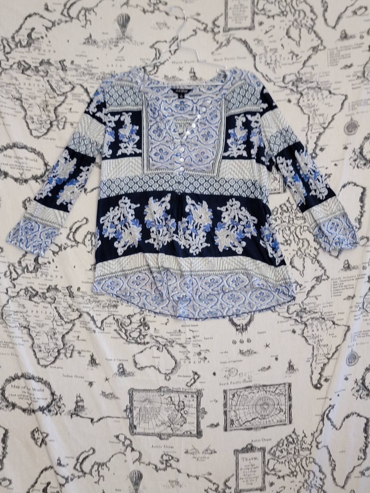 Lucky Brand Women’s Size L Boho Patchwork Tunic Top Blue White Gray Cotton Linen
