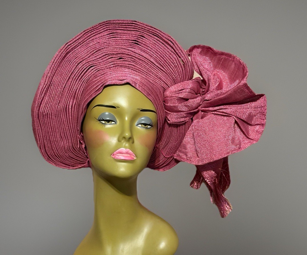 Aso-Oke African Headtie Auto Gele, Pink Color Empress headwear