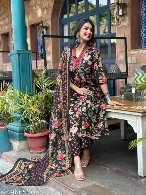 Indian Women’s Rayon Printed Anarkali Kurta Plazzo Set with Dupatta Party Outfit