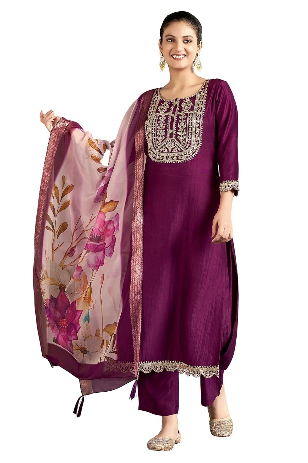 Women’s Solid Chinon Embroidered Kurta and Pant with Dupatta set