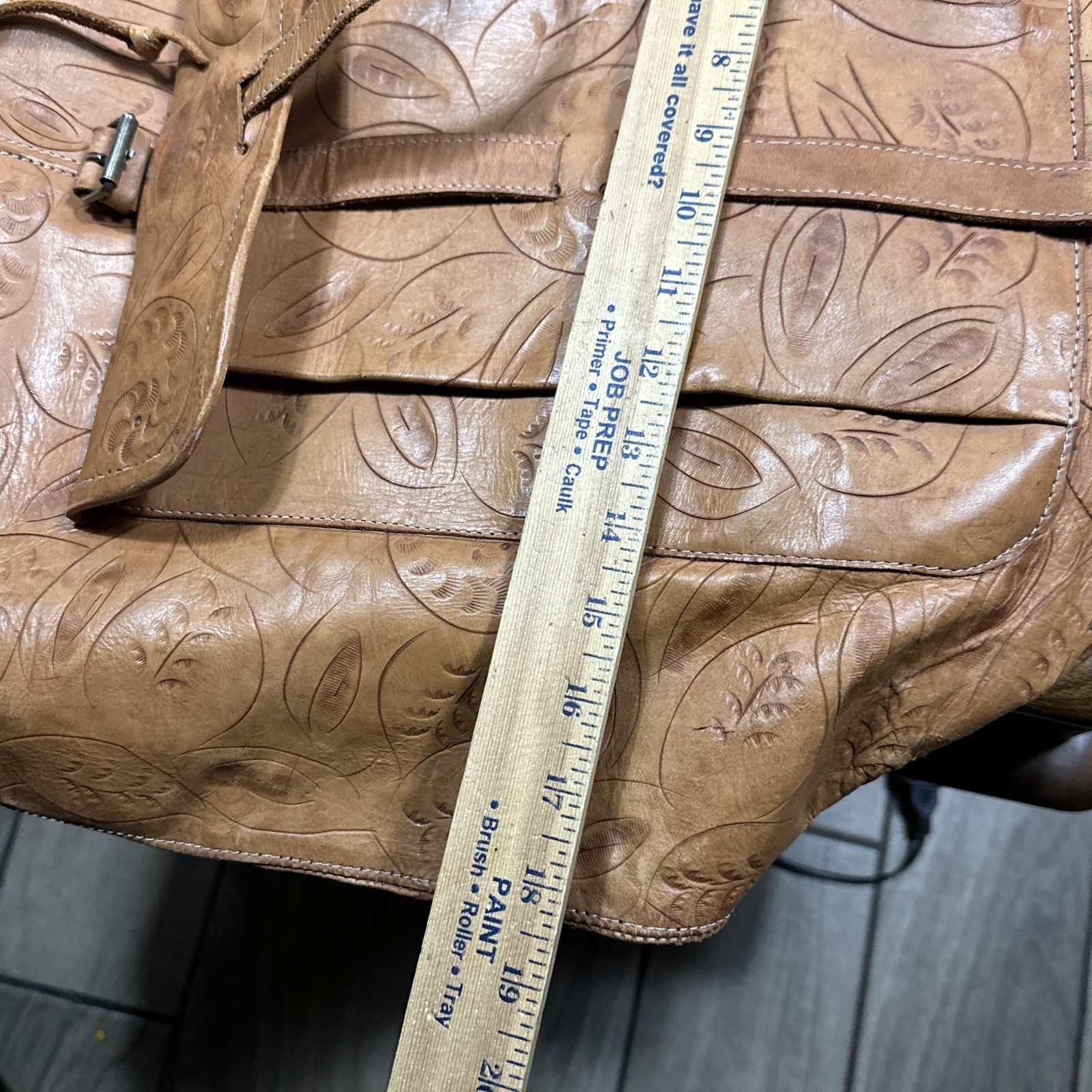 Vintage Leather Backpack Large Adjustable Made in PARAGUAY Bucket Tan Embossed