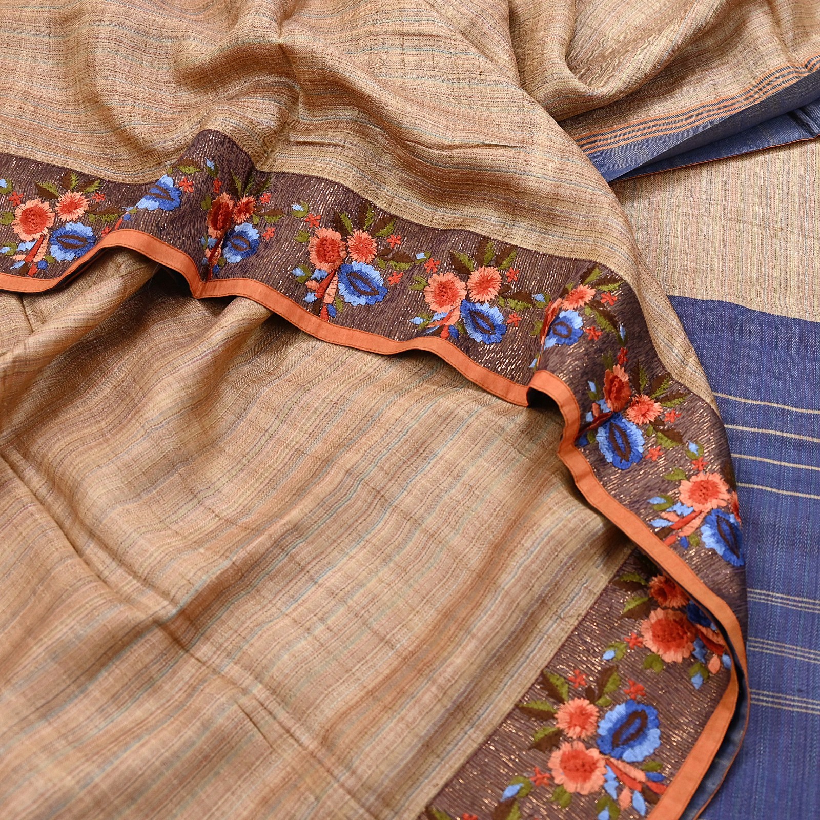 Vintage Blue beige Green Wool Saree Indian Pure Wool Floral Woven Fabric 5 Yard