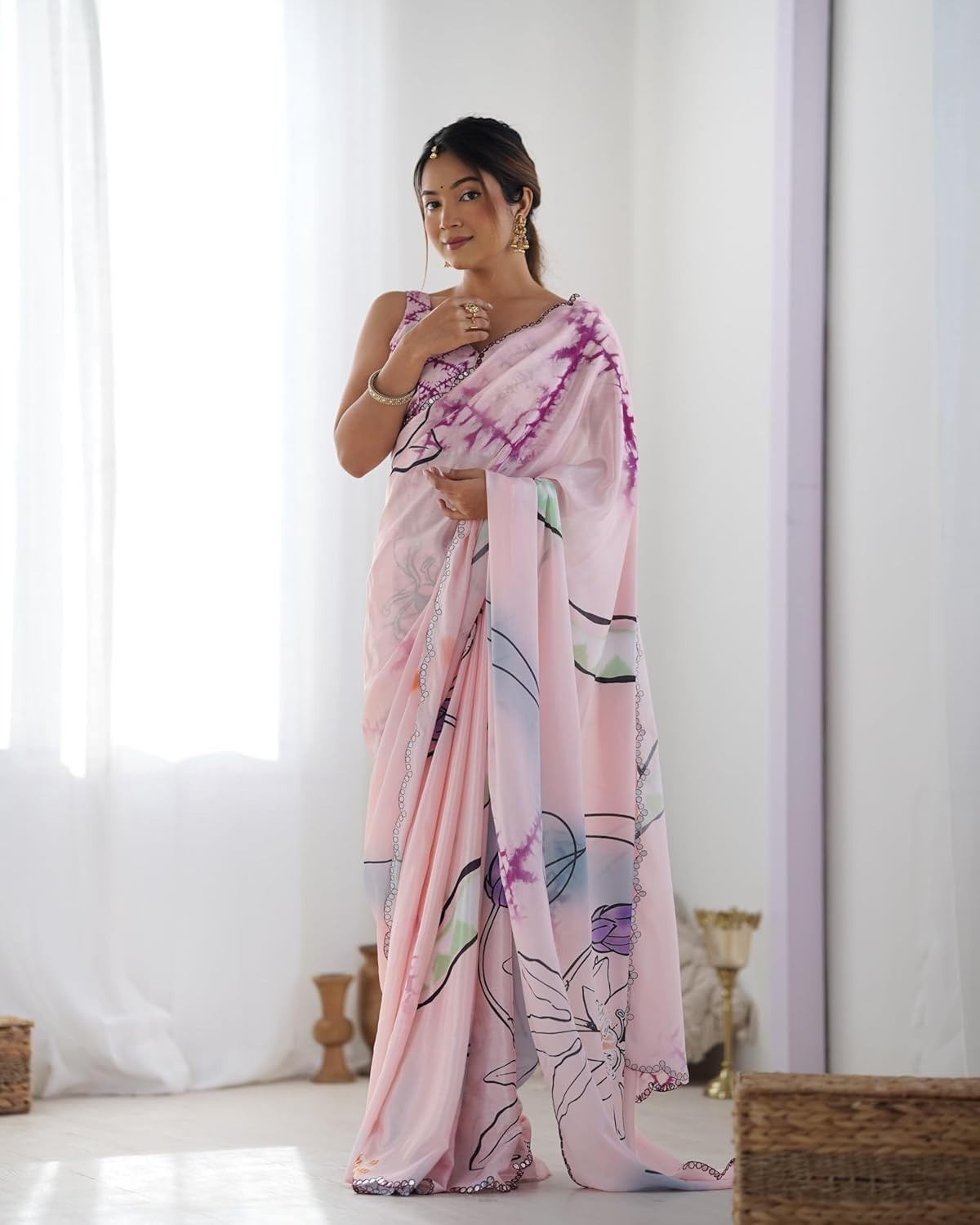 Women’s Chinon Digital Printed Saree with Unstitched Blouse Piece