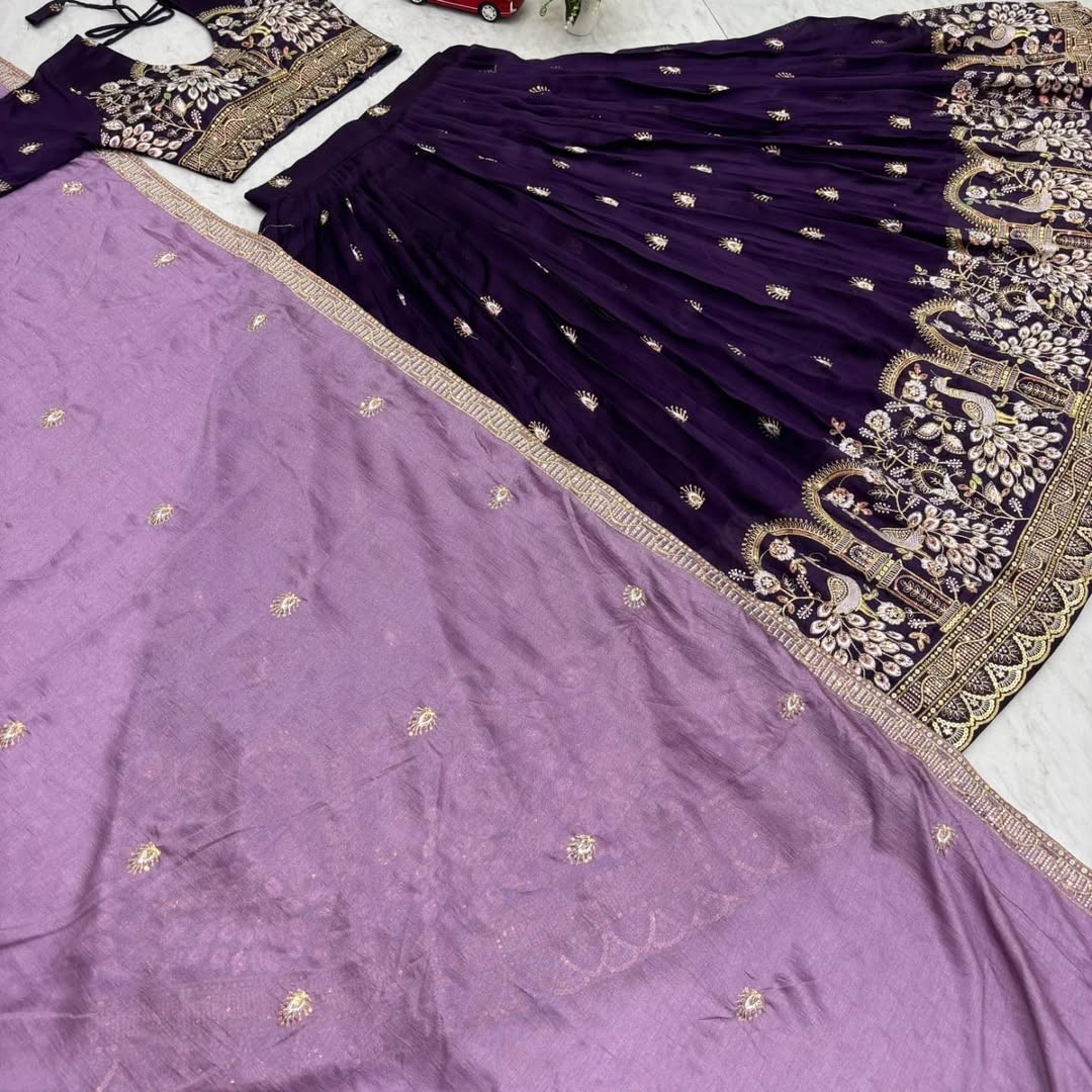 Purple Peacock Embroidered Lehenga Choli Set with Lavender Dupatta Fully Stitche