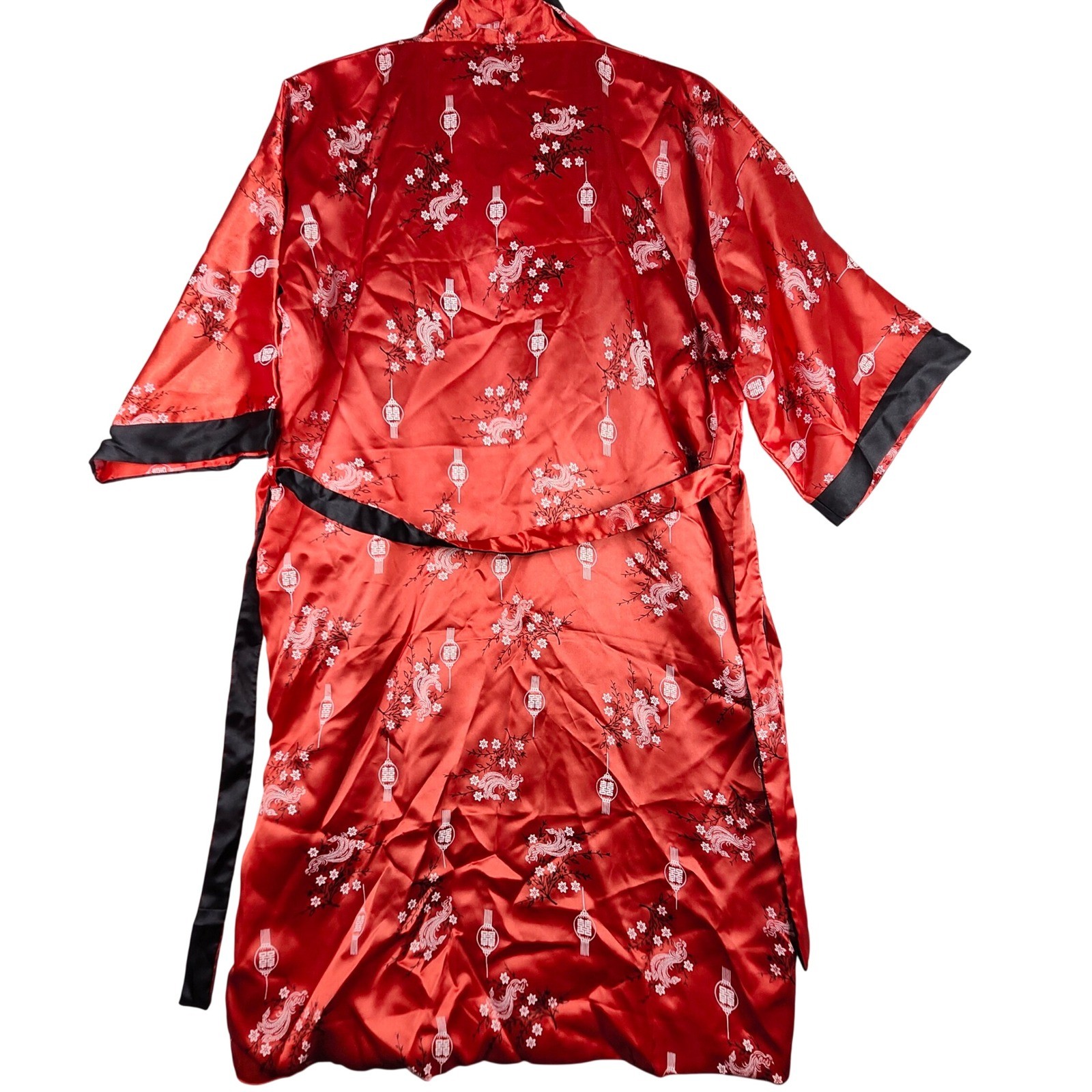 Thai Silk Kimono Robe L Reversible Red Black Asian Dragon Embroidered Lounge VTG