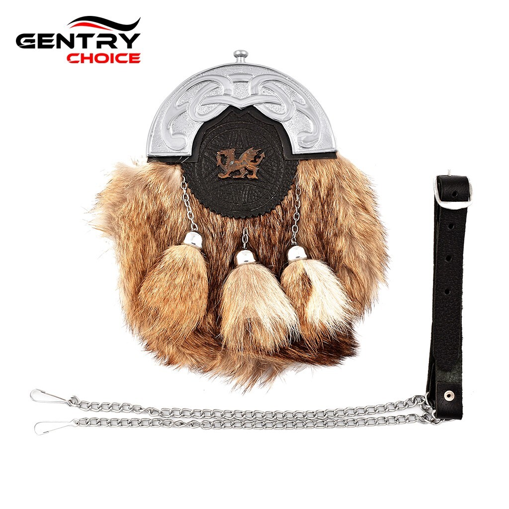 Scottish Sporran with Dragon Chrome Brown Rabbit Fur Sporran Highlander Pouch