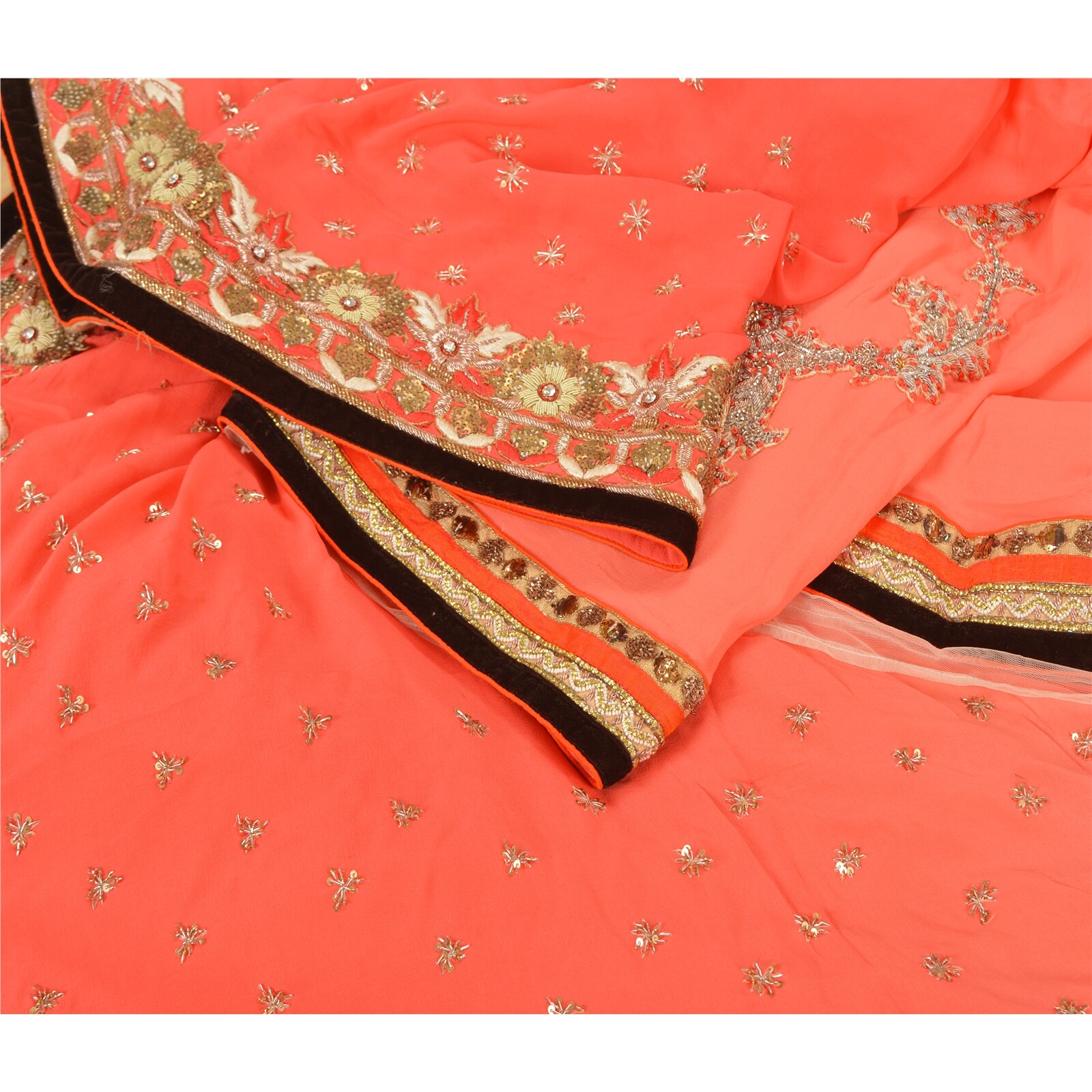 Sanskriti Vintage Peach/Net Mesh Sarees Net Mesh Hand Beaded Premium Sari Fabric