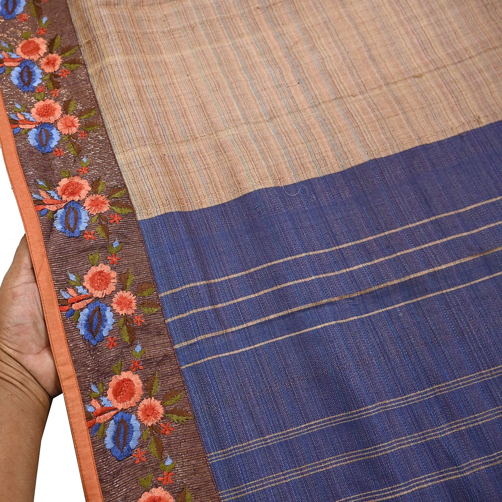 Vintage Blue beige Green Wool Saree Indian Pure Wool Floral Woven Fabric 5 Yard