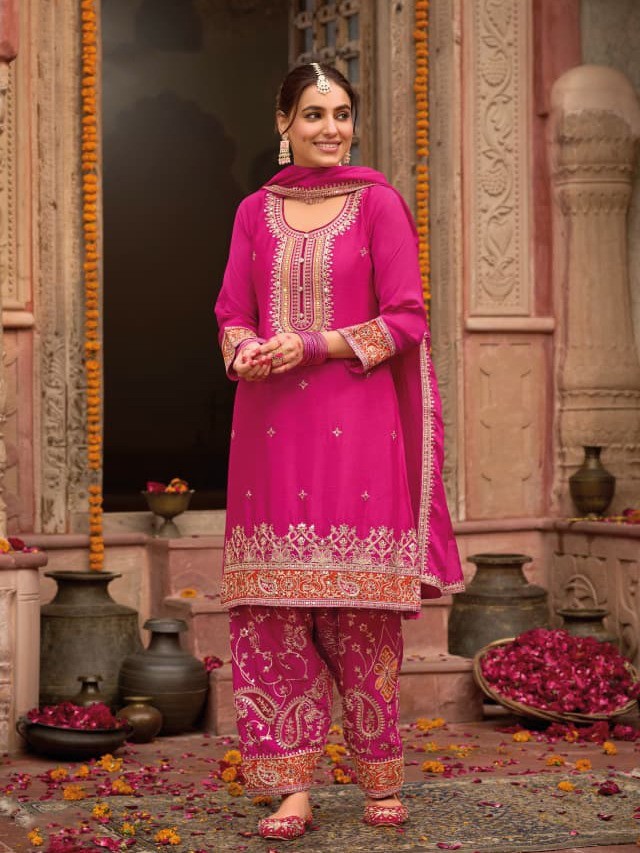 Designer Chinon Embroidered Suit – Top, Dupatta & Farshi | Festive Wear | suit