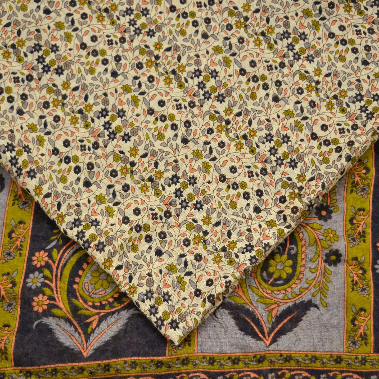 Indian Vintage Sari Ivory Printed Pure Cotton Sarees 5Yd Craft Fabric Sarong