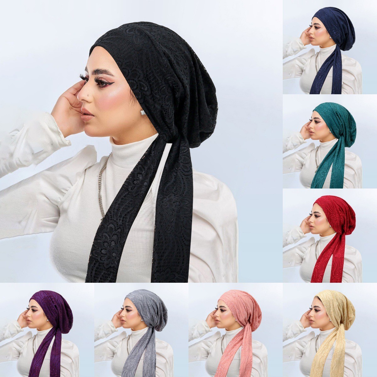 Muslim Women Bonnet Cap Head Wrap Lace Crinkle Long Tail Pre-Tied Turban Hijabs