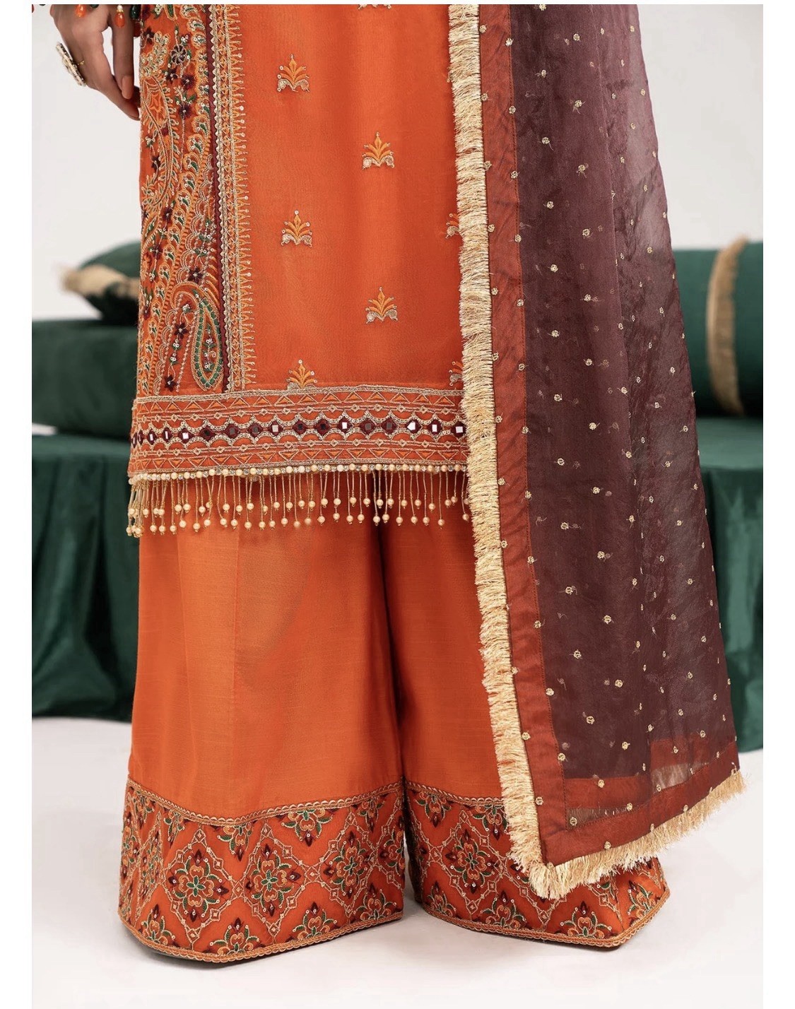 pakistani Stunning embroidered 3 Piece Orange Party Outfit Size Medium
